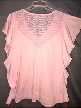 Women's Pink Crochet Yoke Flutter Sleeve Top